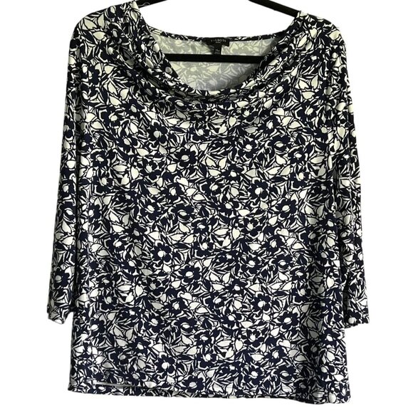 Talbots Petite Womens Floral Print Cowl Neck Top XLP Navy White 3/4 Sleeve - Picture 1 of 6